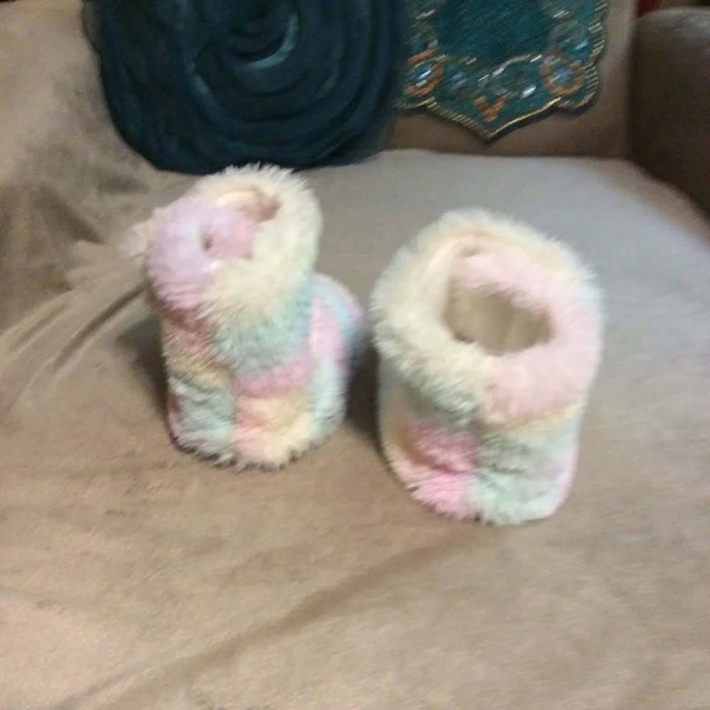 rainbow colored fuzzy slippers